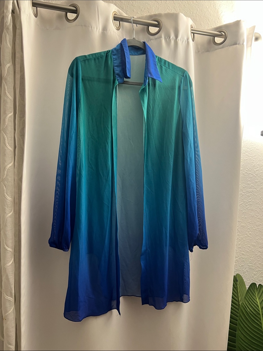 Sheer Ombre Longline Shirt Jacket - Teal to Blue